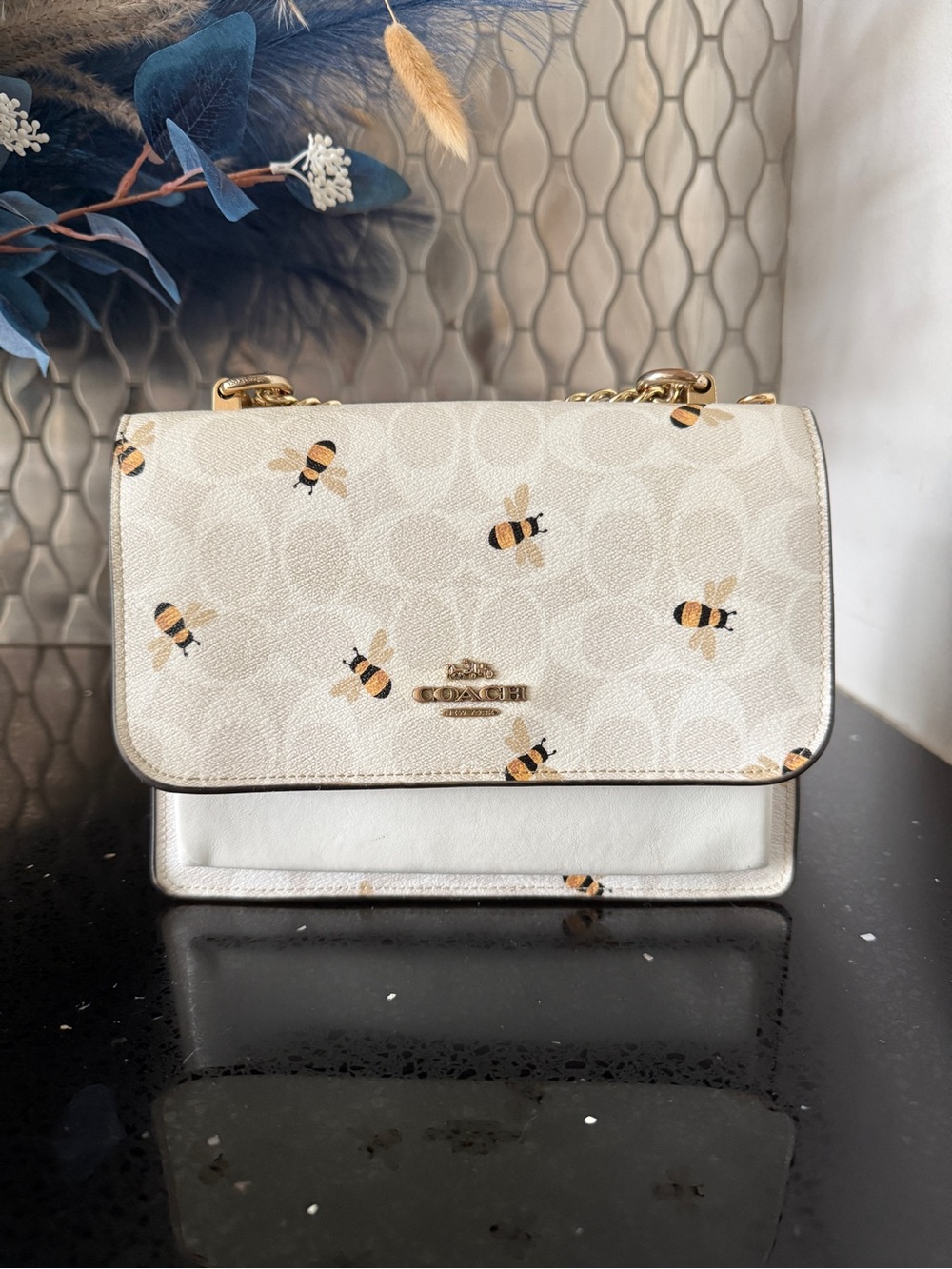 Coach Ivory Bee-Print Signature Shoulder Bag with Gold Hardware